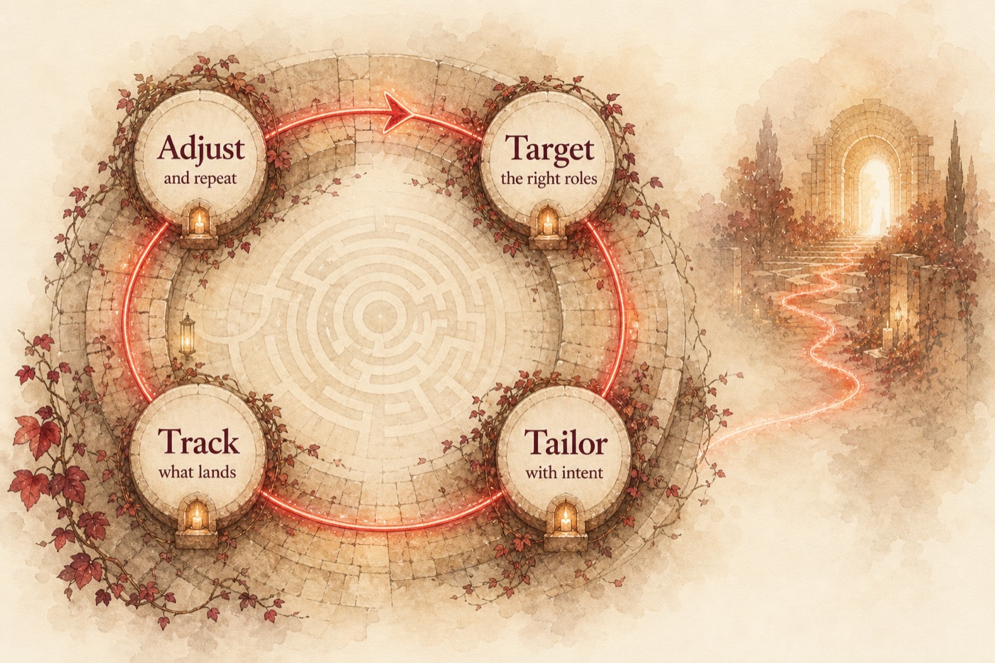 A four-step loop in the labyrinth watercolor style: Target the right roles, Tailor with intent, Track what lands, and Adjust and repeat, with a lit archway in the distance as the goal you are heading toward